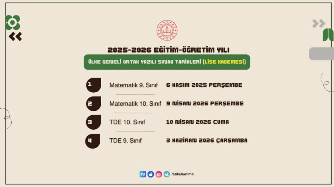 Ülke Geneli Ortak Sınav Takvimi